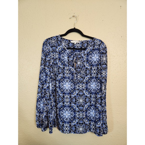 Emily Daniels Tops - Emily Daniels Women's Blue Black Floral Tie Neck Puff Long Sleeve Blouse Size XL